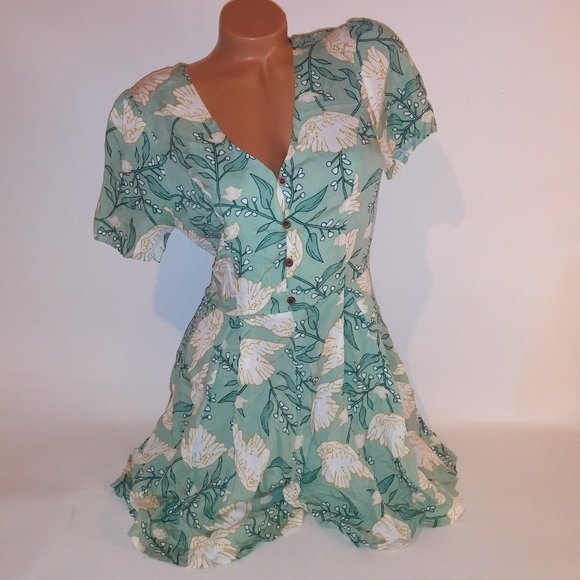 Modcloth x Collectif Romper One Piece US Size 6 Green  Floral Short Sleeve Zip U - Picture 9 of 16